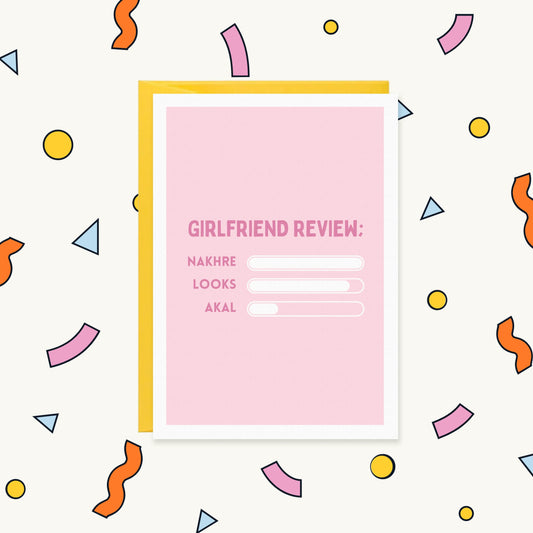 Greeting card, pink with rating bars: 'Girlfriend Review' with Nakhre full, Looks high and Akal low