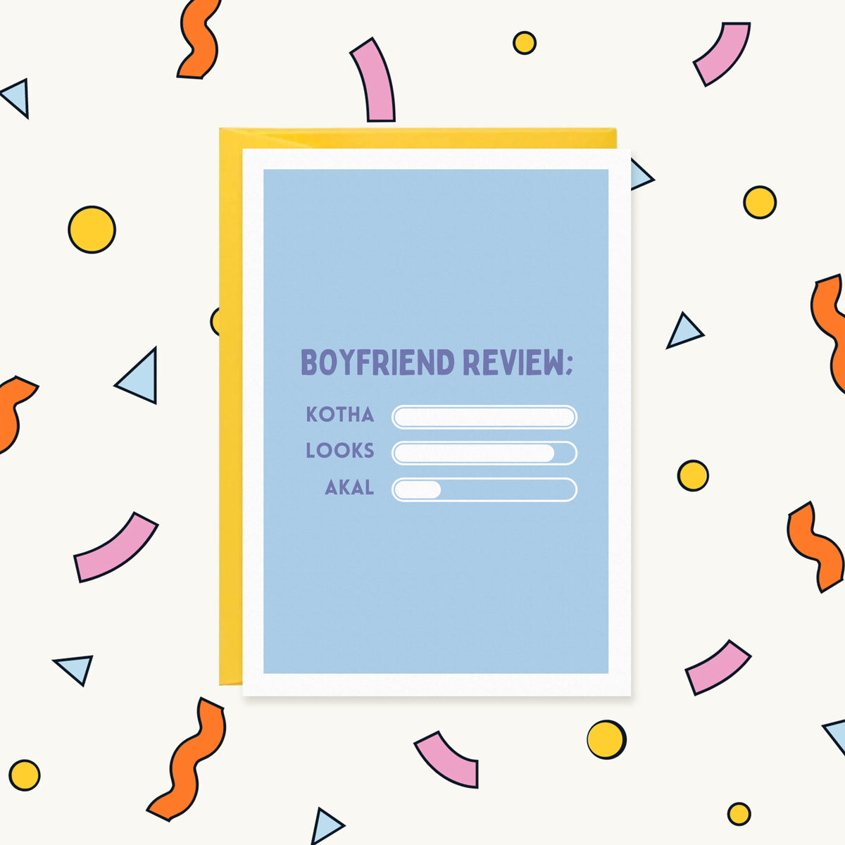 Greeting card with rating bars on blue: 'Boyfriend Review' with Kotha full, Looks high and Akal (sense) nearly empty