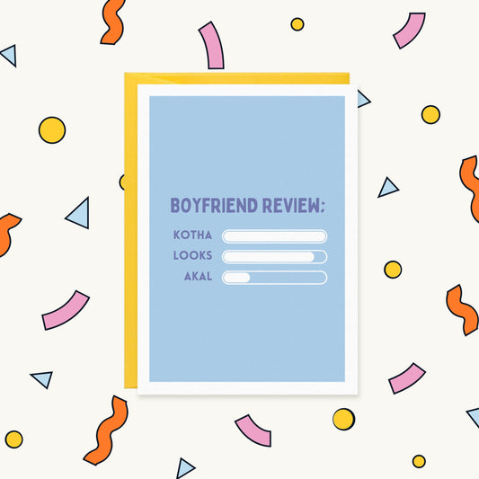 Greeting card with rating bars on blue: 'Boyfriend Review' with Kotha full, Looks high and Akal (sense) nearly empty