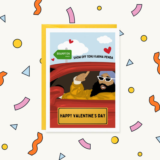 Greeting card of a turbaned man in sunglasses driving a red car past a Brampton sign, "Happy Valentine's Day"