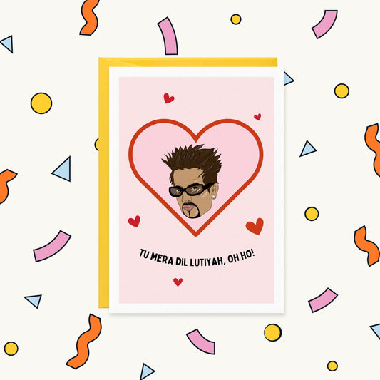 Greeting card of a spiky-haired Punjabi singer in sunglasses inside a red heart, text 'Tu mera dil lutiyah, oh ho!'